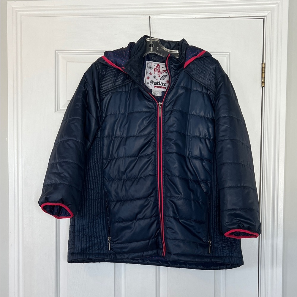 Atlas Women's Dark Blue Puffer Jacket with Pink Trim